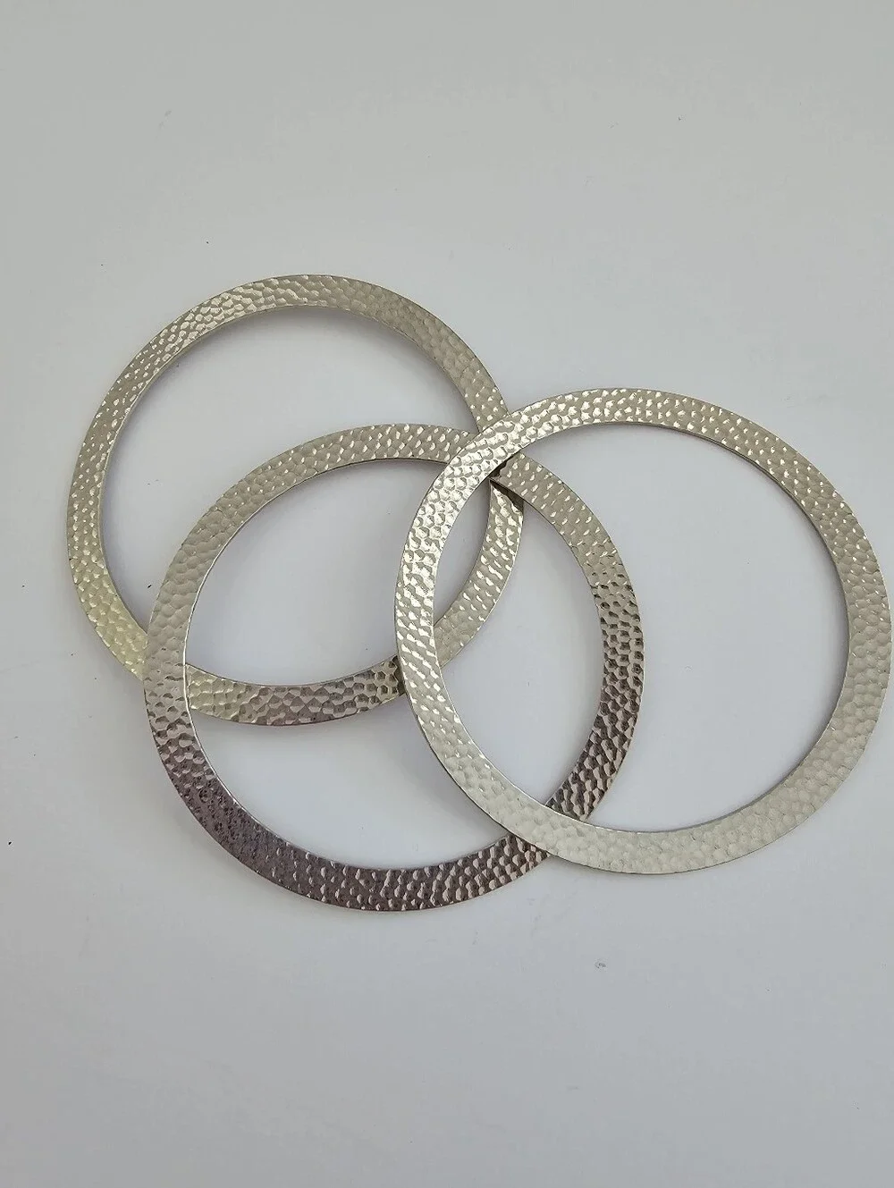 Vintage Mixed Metal Bangle Bracelets Hammered Silver Flat Stack Set Of 3